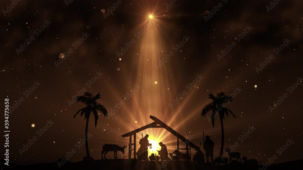 Christmas Scene with twinkling stars and brighter star of Bethlehem with sparkling nativity characters. Seamless Loop with Nativity Christmas story with twinkling stars and moving wispy clouds. 4k