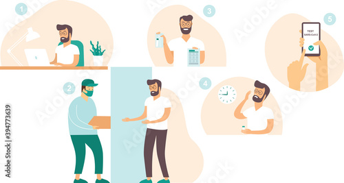 Covid-19 SARS-cov-2 PCR swab test homekit instructions. Young man takes coronavirus test at home himself