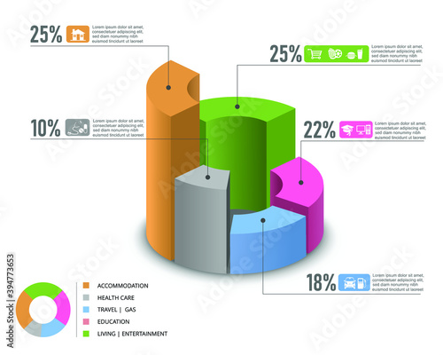 Vector illustration of infographic element in 3d graph format showing house hold expenses split