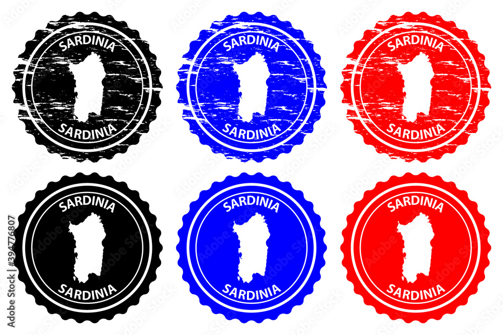 Sardinia - rubber stamp - vector, Sardinia map pattern - sticker - black, blue and red Sardinia - rubber stamp - vector, Sardinia map pattern - sticker - black, blue and red