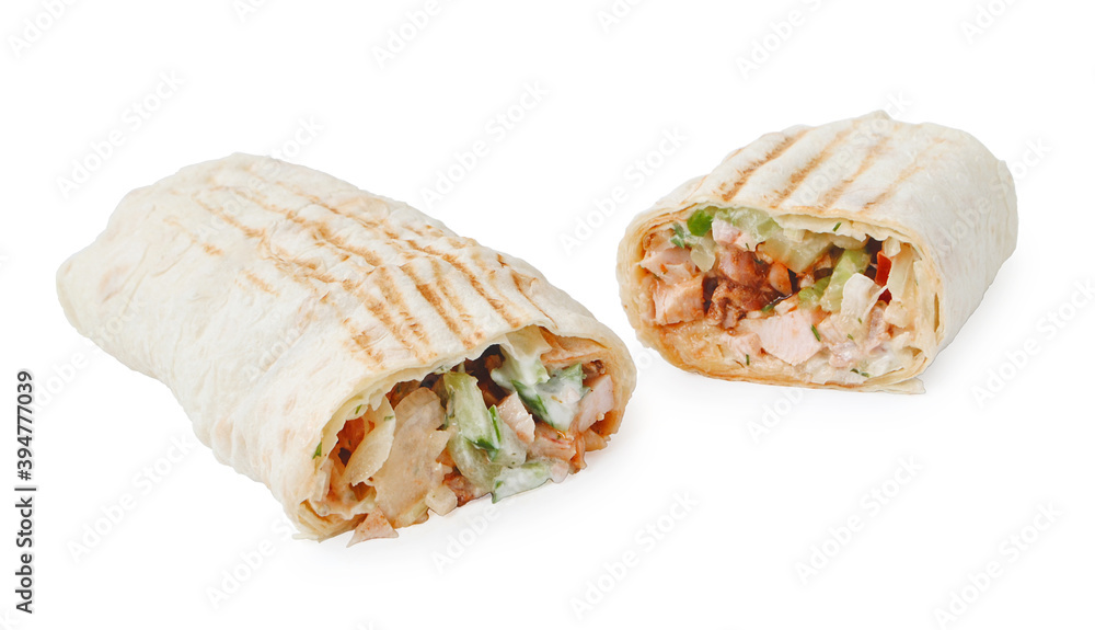 Shawarma with chicken and vegetables in sauce isolated on white background side view Shawarma with chicken and vegetables in sauce isolated on white background side view