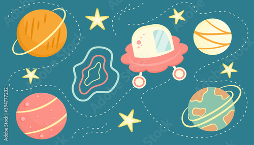Fototapeta Naklejka Na Ścianę i Meble -  A set of planets for children in the Scandinavian style. The aircraft travels among a variety of planets and stars. Space body. Vector illustration..