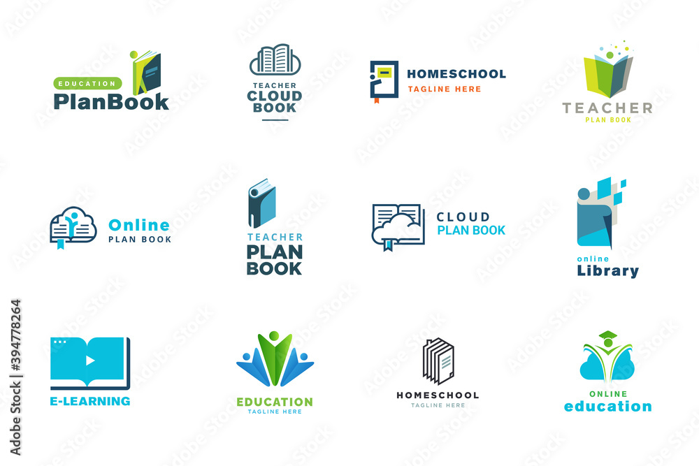 Set of logo design templates. Vector illustrations on the topic of education, e-learning, e-book, distance education, cloud, school.