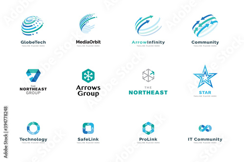 Set of logo design templates. Vector illustrations on the topic of business, technology, network, social media, Internet community, logistics.