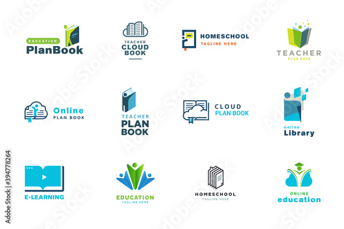 Set of logo design templates. Vector illustrations on the topic of education, e-learning, e-book, distance education, cloud, school.