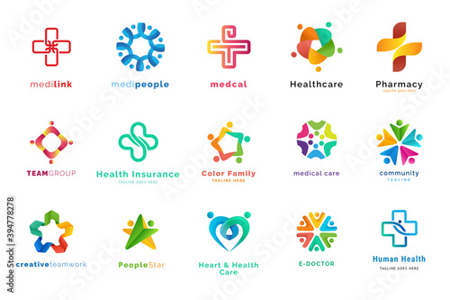 Set of logo design templates. Vector illustrations on the topic of medicine, health, healthcare, e-doctor, pharmacy, insurance.