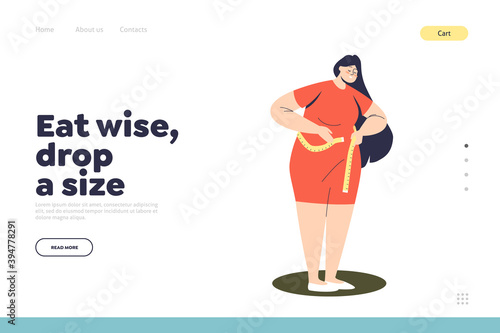 Weight loss landing page concept with plus size woman measure waist with measuring tape