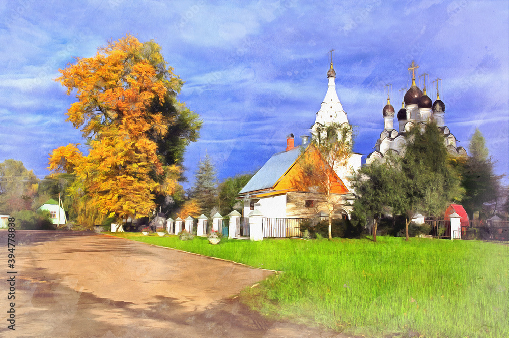 Church of St. Sergius of Radonez colorful painting looks like picture, Moscow region, Russia.
