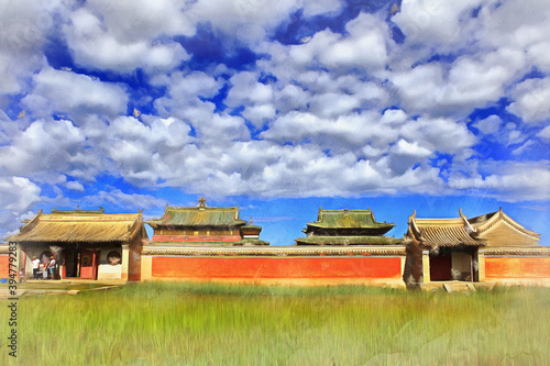 Buddhist monastery colorful painting looks like picture, Kharkhorin, Mongolia.
