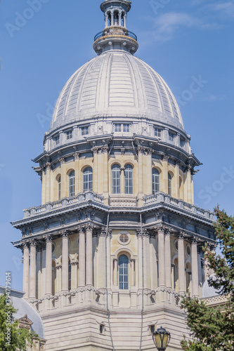 Springfield IL State Capital Building with beautiful, soft light and light blue sky.