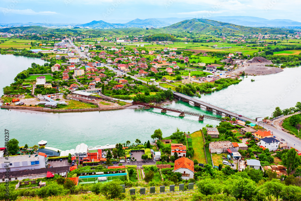 Shkoder town aerial panoramic view, Albania - obrazy, fototapety, plakaty 