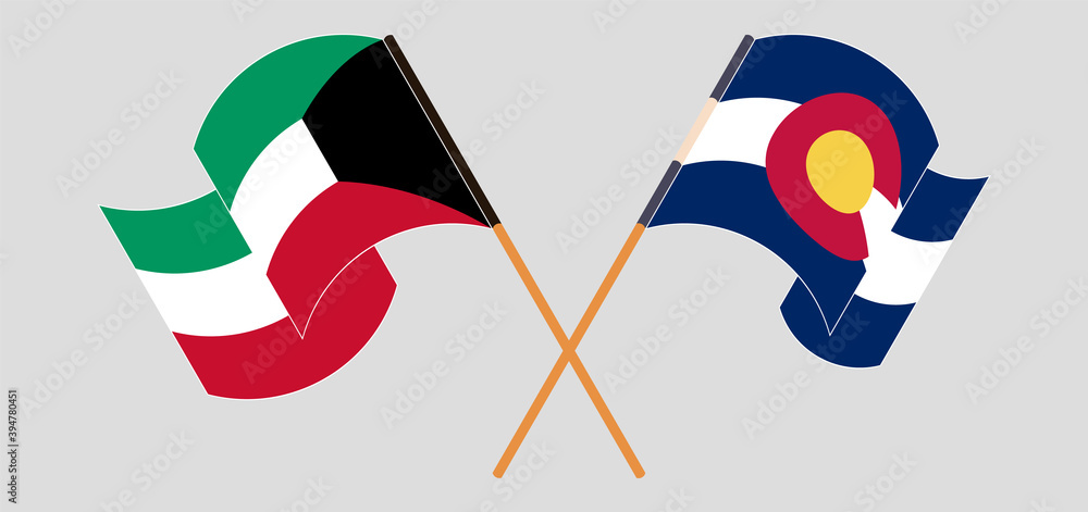 Crossed and waving flags of Kuwait and The State of Colorado Crossed and waving flags of Kuwait and The State of Colorado