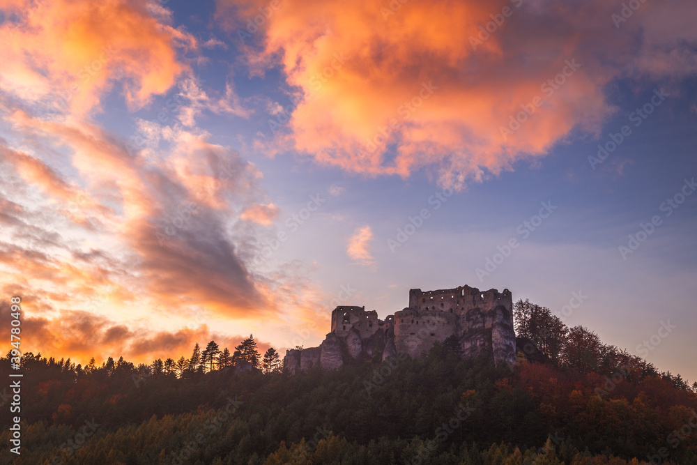 Fall landscape at sunset. The medieval castle Lietava and surrounding landscape nearby Zilina town, Slovakia, Europe.