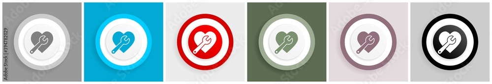 Wrench and heart icon set, colorful flat design vector illustrations in 6 options for web design and mobile applications Wrench and heart icon set, colorful flat design vector illustrations in 6 options for web design and mobile applications