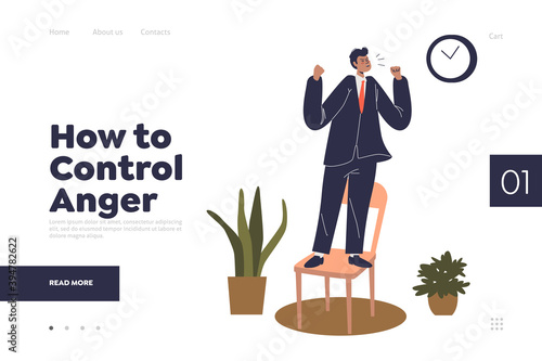 Control anger landing page concept with angry businessman standing on chair and shouting
