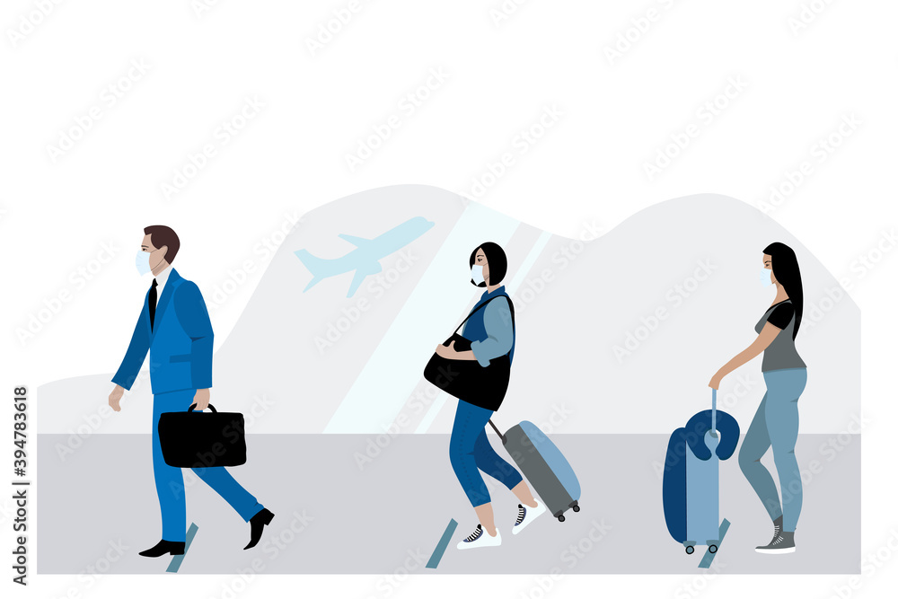 Covid-19 outbreak travel restrictions concept vector illustration. Line at the airport departure area, people staying socially distant. People wearing masks. Covid-19 outbreak travel restrictions concept vector illustration. Line at the airport departure area, people staying socially distant. People wearing masks.