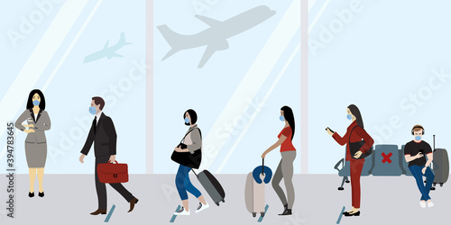Covid-19 outbreak travel restrictions concept vector illustration. Line at the airport departure area, people staying socially distant. People wearing masks.