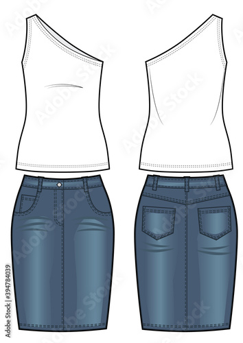 Women's clothing set of top and jeans midi skirt. Vector templates in front, back views for fashion design.