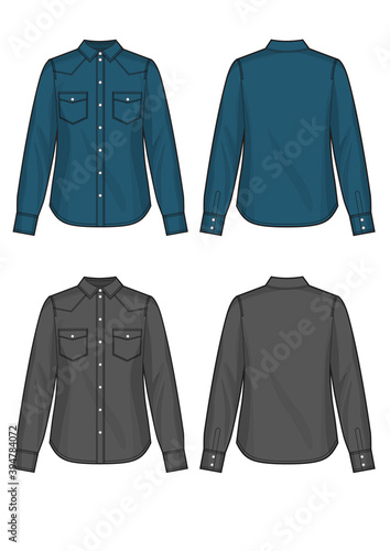 Long-sleeve blue and black denim womans shirts.
