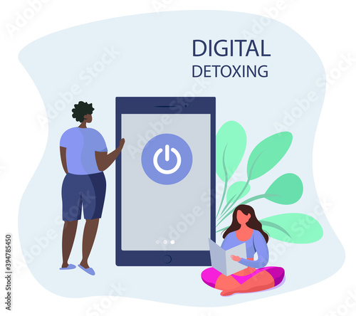 Digital Detox and Gadget Disconnecting.Characters Threw Phones in Trash.Man Turned off the Phone and Reading Newspaper or Book.Escape from Internet and Digital Media Addiction.Vector Illustration