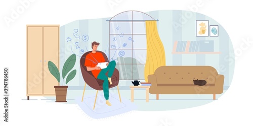 Cartoon flat character surfing internet indoor at home interior - web chat,social networking service,online education,messenger communication,freelance remote work concept