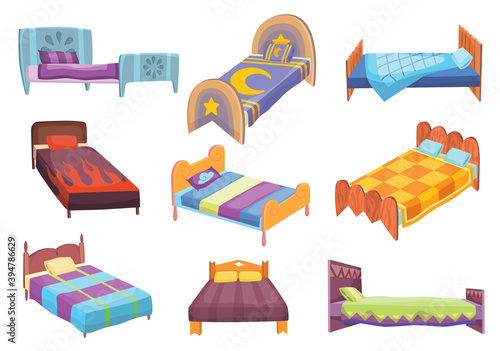 Cartoon beds collection. Vector illustration of color beds with pillow and covers. Icons of furniture