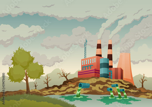 Factory plant smokes with smog, trash emission from pipes to river water. Landscape with nature ecology elements and ecology problem concept in flat style. Dirty waste water polluted environment