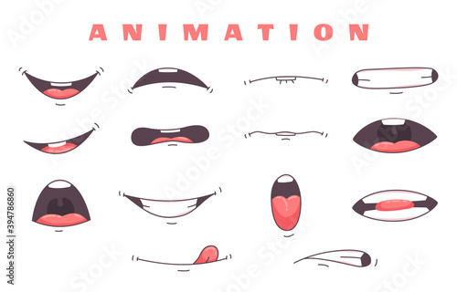 Mouth animation. Funny cartoon mouths set with expression. Cartoon talking mouth and lips vector animations poses