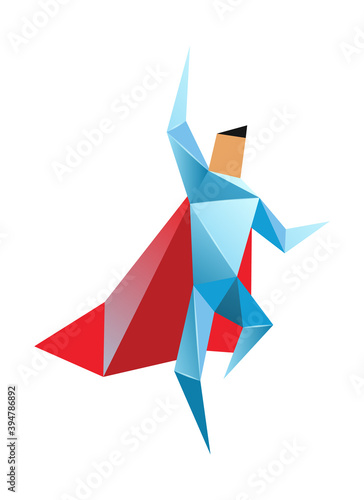 Superhero low poly. Vector polygonal illustration of super hero, origami style icon, modern cartoon man character