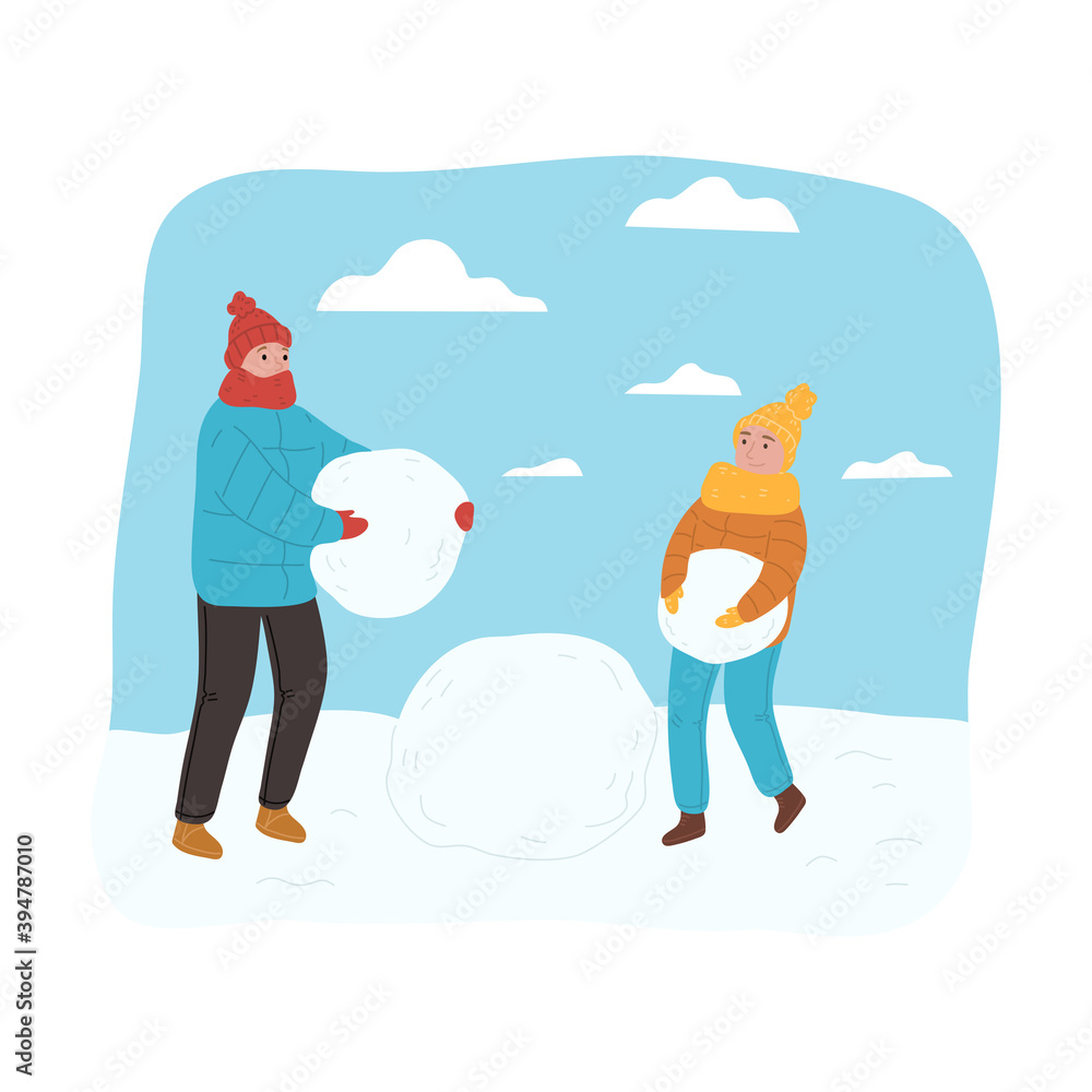 Happy child in warm clothing making and playing snawballs with friend Happy child in warm clothing making and playing snawballs with friend