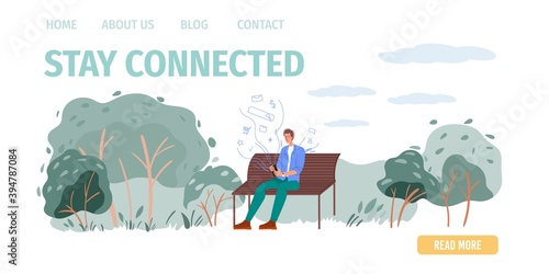 Cartoon flat character surfing internet outdoor - web chat,social networking service,online education,messenger communication,freelance remote work concept