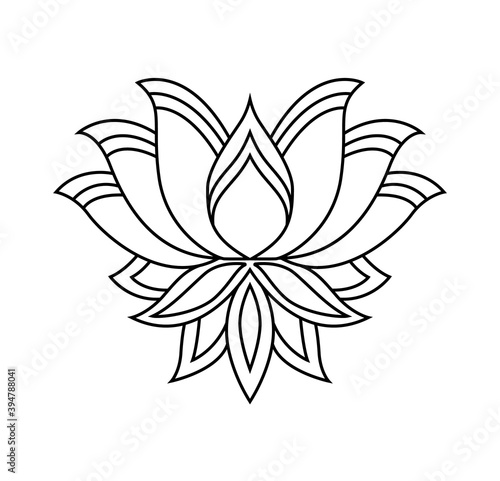 Lotus icon. Monochrome blooming flower. Hand drawn lotos flower illustration isolated on white background. Black linear petals of plant in coloring style