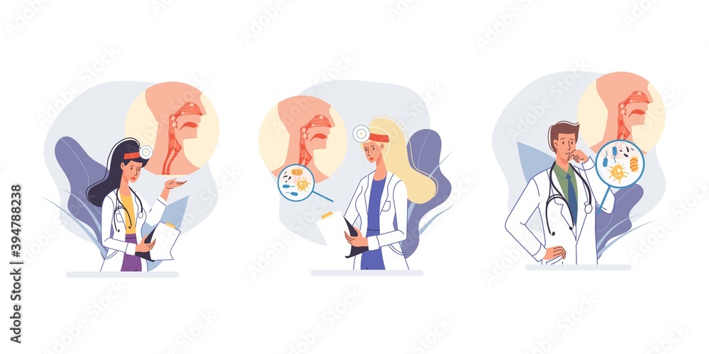 Set of cartoon flat doctor characters in uniform,lab coat with medical devices and symbols-otolaryngologist medic profession career concept Set of cartoon flat doctor characters in uniform,lab coat with medical devices and symbols-otolaryngologist medic profession career concept