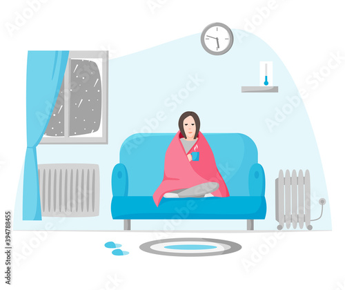 Freezing woman in cold apartment in winter. Girl wrapped in blanket sits on sofa. Using radiator and heater when cold inside. Self isolation on cold depressing weather. Flat style vector.