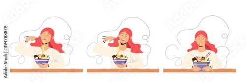 Clip art showing a girl eating and enjoying her ramen noodle soup using chopsticks. Vector illustration for poster, advertising, menu design