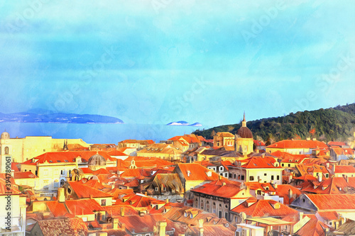 OLd town view colorful painting looks like picture, Dubrovnik, Croatia.