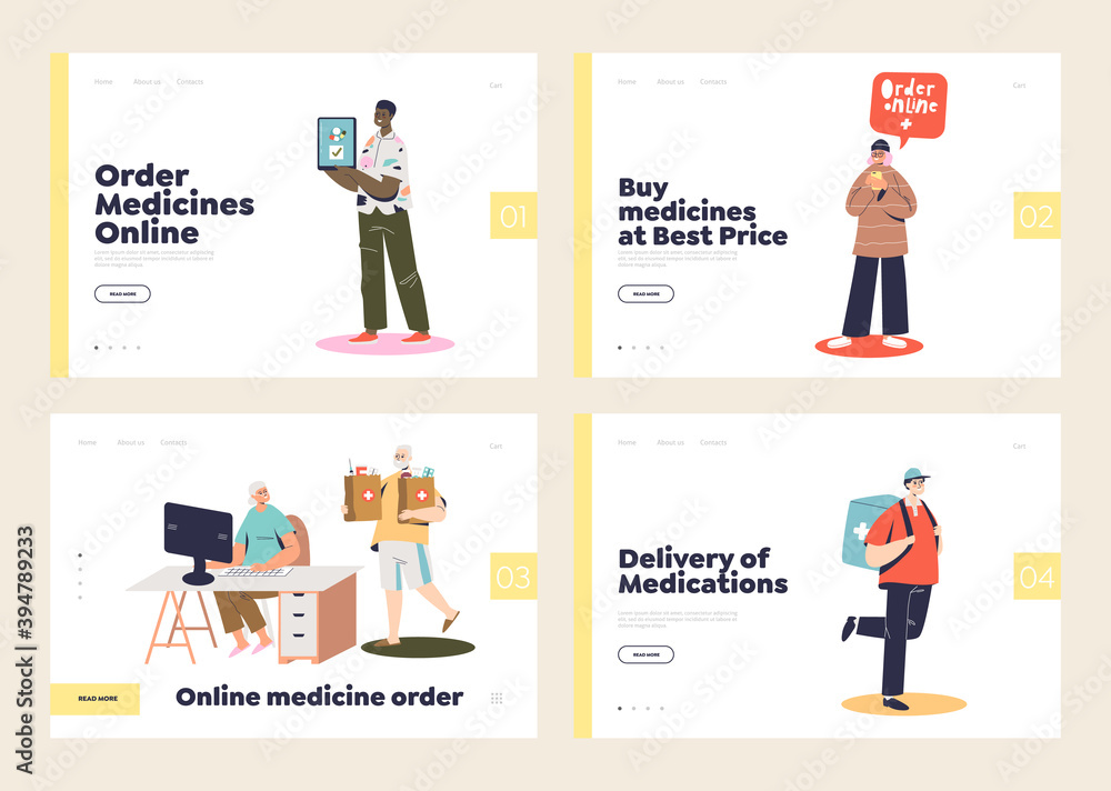 Online pharmacy store concept of set of landing pages with people buying medications in web Online pharmacy store concept of set of landing pages with people buying medications in web