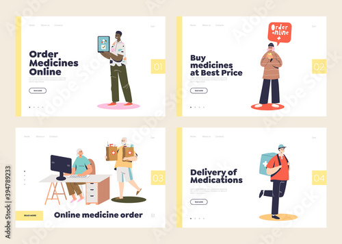 Online pharmacy store concept of set of landing pages with people buying medications in web