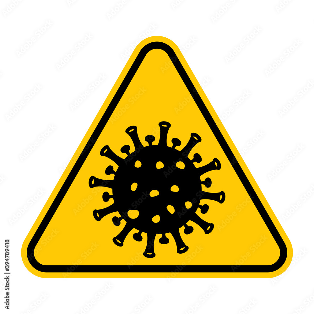 Coronavirus warning sign. Vector illustration of yellow triangle sign with virus cell icon inside. Risk of infection. Pandemic medical concept. Lockdown area. SARS danger and public health symbol. Coronavirus warning sign. Vector illustration of yellow triangle sign with virus cell icon inside. Risk of infection. Pandemic medical concept. Lockdown area. SARS danger and public health symbol.