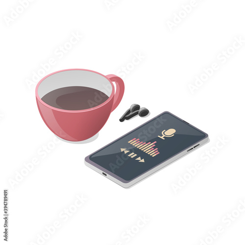 Listen to podcasts. A cup of tea and smartphone. Isometric vector illustration. Isolated on white background. 