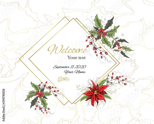 banner of winter flowers (poinsettia, white mistletoe, Holly) isolated on a white background. realistic hand-drawn compositions. gold ornaments, decorations for  cards, posters. Vintage style