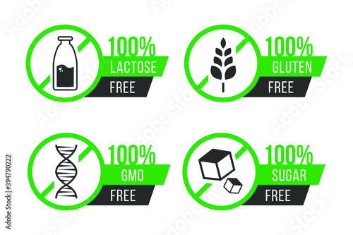 Set of vector icons of common allergens (gluten, lactose), GMO free and sugar free labels. Round stickers with food intolerance symbols for product packaging.