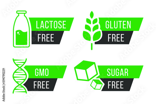Set of vector icons of common allergens (gluten, lactose), GMO free and sugar free labels. Round stickers with food intolerance symbols for product packaging.