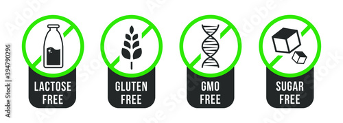 Set of vector icons of common allergens (gluten, lactose), GMO free and sugar free labels. Round stickers with food intolerance symbols for product packaging.