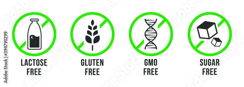 Set of vector icons of common allergens (gluten, lactose), GMO free and sugar free labels. Round stickers with food intolerance symbols for product packaging.