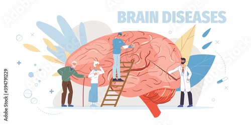 Cartoon flat doctor characters in uniforms,lab coats with medical devices and symbols-brain desease treatment and therapy concept