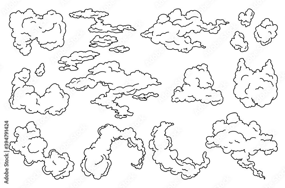 Hand drawn vector clouds set. Vintage retro sky design. Engraved sketch. Abstract doodle clouds. Line art on transparent background