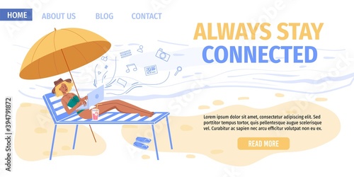 Cartoon flat character surfing internet outdoor on travel or vacation-web chat,social networking service,online education,messenger communication,freelance remote work concept