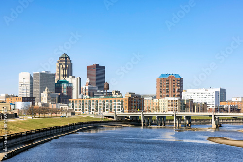 Downtown Des Moines Skyline and Des Moines River at Daytime.