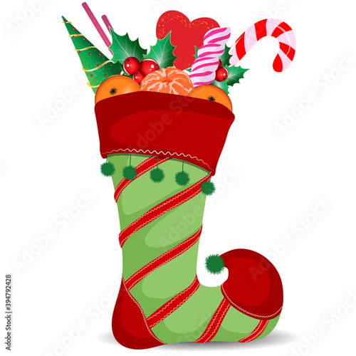 Christmas sock filled with sweets. Vector art
